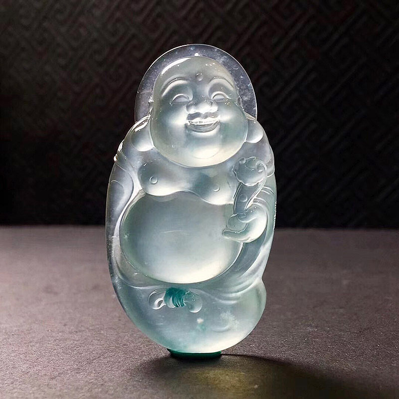 珠宝翡翠玻璃种起光玉佛逍遥佛女吊坠A货高档冰透蓝花保平安佛公