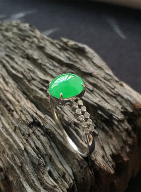 缅甸翡翠冰种满绿色玉蛋面戒指女款14号圈老种a货冰透17mm戒圈金