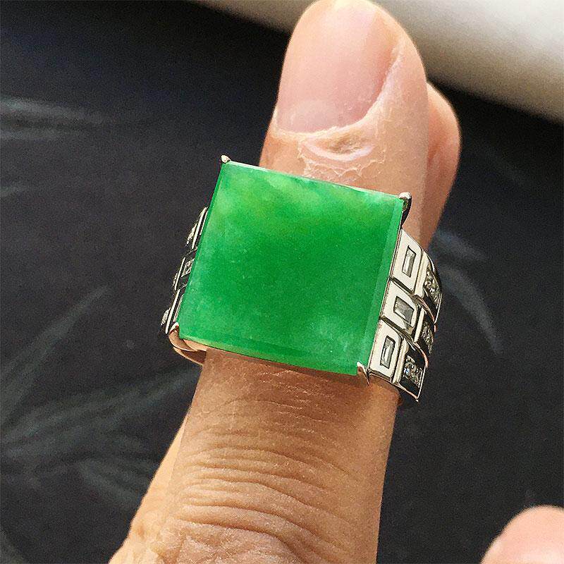 缅甸翡翠冰种满绿色玉指环戒指男款19.5mm老种a货18K金宽版戒22号