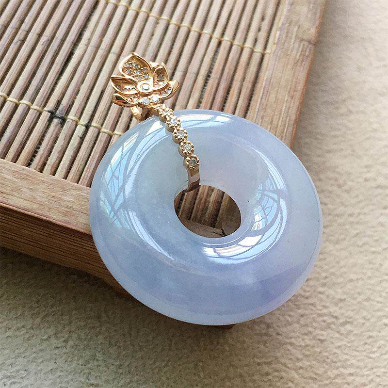 缅甸翡翠冰种紫罗兰饱满平安扣吊坠女款18K金老种a货冰紫玉怀古扣