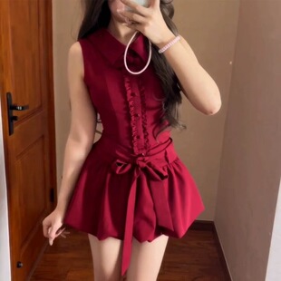 甜美蝴蝶结系带无袖 花苞连衣裙女夏miu系小个子高级感气质背心裙