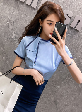 蓝色衬衫套装女2024年夏季流行爆款高级感美容院接待工作服衬衣
