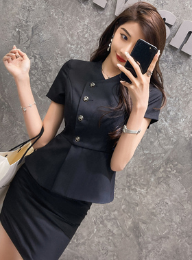 黑色西装套装女夏季酒店经理美容院珠宝店前台工装职业气质工作服