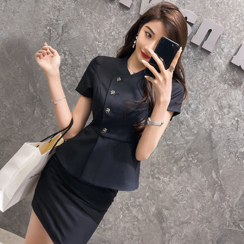 黑色西装套装女夏季酒店经理美容院珠宝店前台工装职业气质工作服