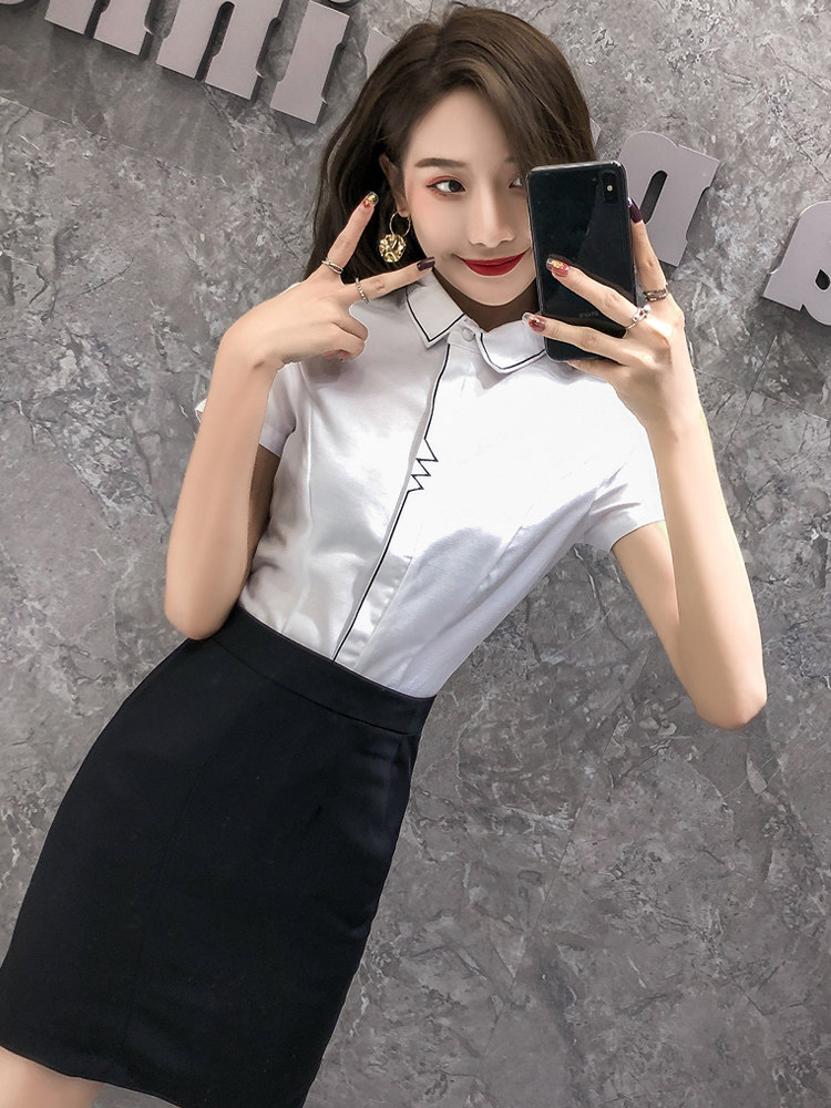 气质白色衬衫女2024新款大学生时尚上衣工作服职业套裙短袖正装女