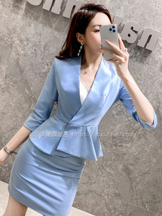 蓝色西装套装女夏季荷叶边工装美容院职业装珠宝店酒店经理工作服