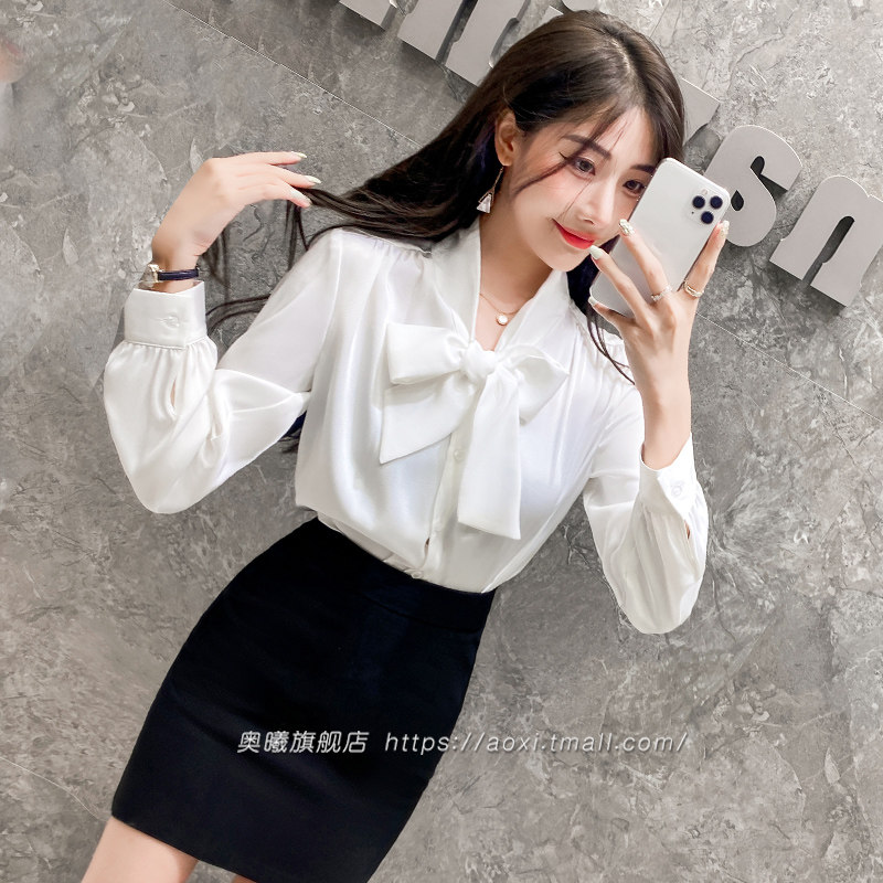 春秋职业衬衫上衣女2024新款设计感蝴蝶结长袖白色衬衫套装工作服