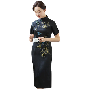 雀之恋潇湘竹 夏香云纱短袖手绘旗袍手工花扣复古改良连衣裙女