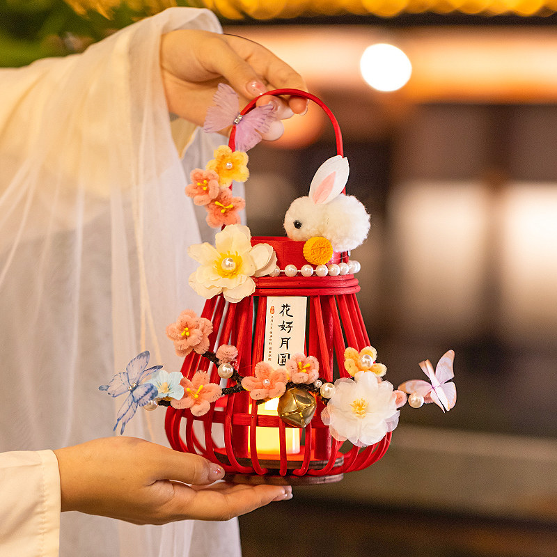 古风藤编灯笼手工diy兔子花灯图片