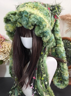 兔耳帽子棕色猫耳帽长毛狐狸帽手工钩织手混线可爱拼色材料包线材
