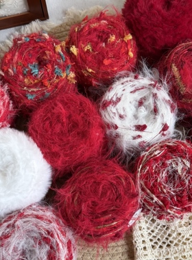 红色手混线钩织毛线diy围巾新年花环钩织帽子车挂春节装饰喜庆红