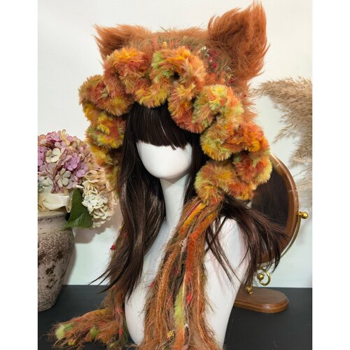 棕色猫耳帽长毛狐狸帽手工钩织手混线可爱拼色兔耳帽子材料包线材