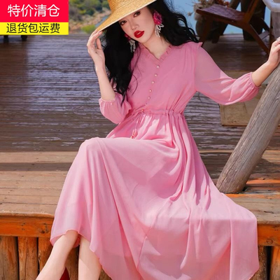 粉色雪纺连衣裙女高级感V领抽绳收腰显瘦飘逸海边度假沙滩长裙子