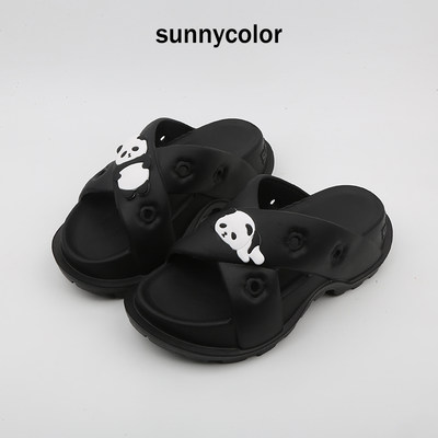 SUNNYCOLOR厚底熊猫交叉凉拖鞋