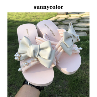 时尚 SUNNY ins潮小香风沙滩厚底凉拖鞋 COLOR蝴蝶结拖鞋 外穿 女夏季