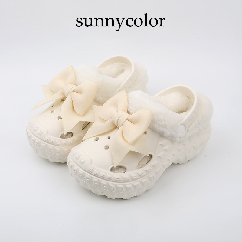 SUNNYCOLOR蝴蝶结厚底加绒洞洞鞋