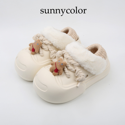 SUNNYCOLOR可爱厚底加绒棉拖鞋