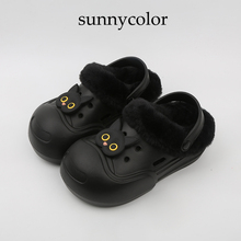 SUNNY COLOR黑白猫洞洞鞋加绒女冬季厚底外穿大头鞋开口笑棉拖鞋