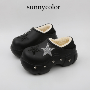 ins大头棉鞋 SUNNY 外穿厚底时尚 女冬季 COLOR增高跟黑色星星棉拖鞋