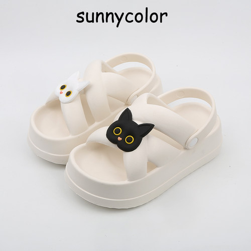 SUNNYCOLOR松糕厚底黑白猫凉鞋