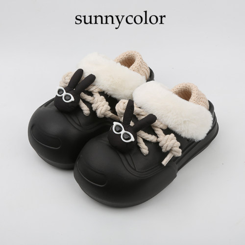 SUNNYCOLOR眼镜兔厚底毛绒洞洞鞋
