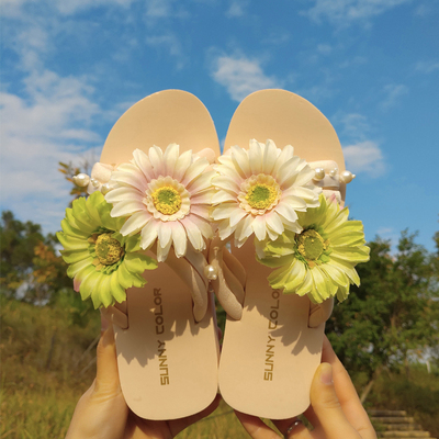 SUNNYCOLOR凉拖鞋花朵仙女海边