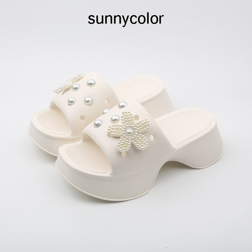 sunnycolor厚底珍珠花朵凉拖鞋