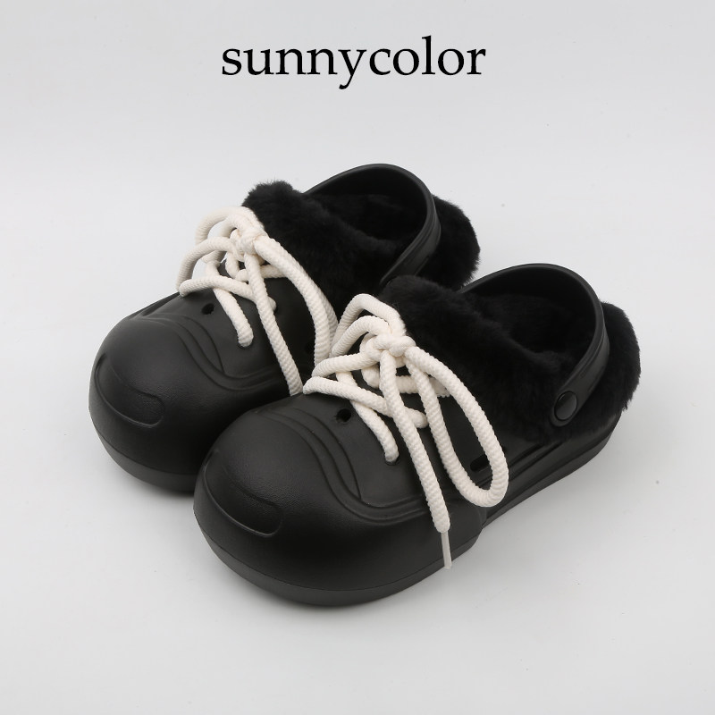 SUNNYCOLOR开口笑厚底加绒洞洞鞋