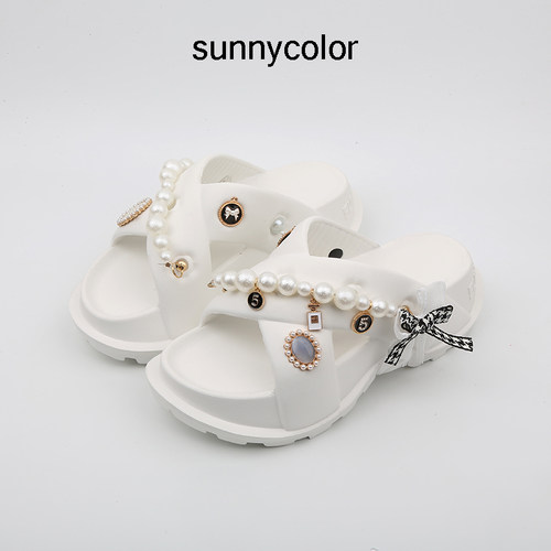 SUNNYCOLOR厚底小香风珍珠凉拖鞋