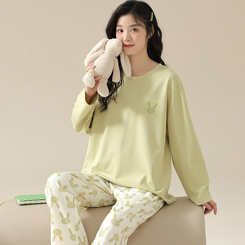 可人儿针织棉睡衣女士春秋季新款长袖圆领休闲少女学生家居服套装