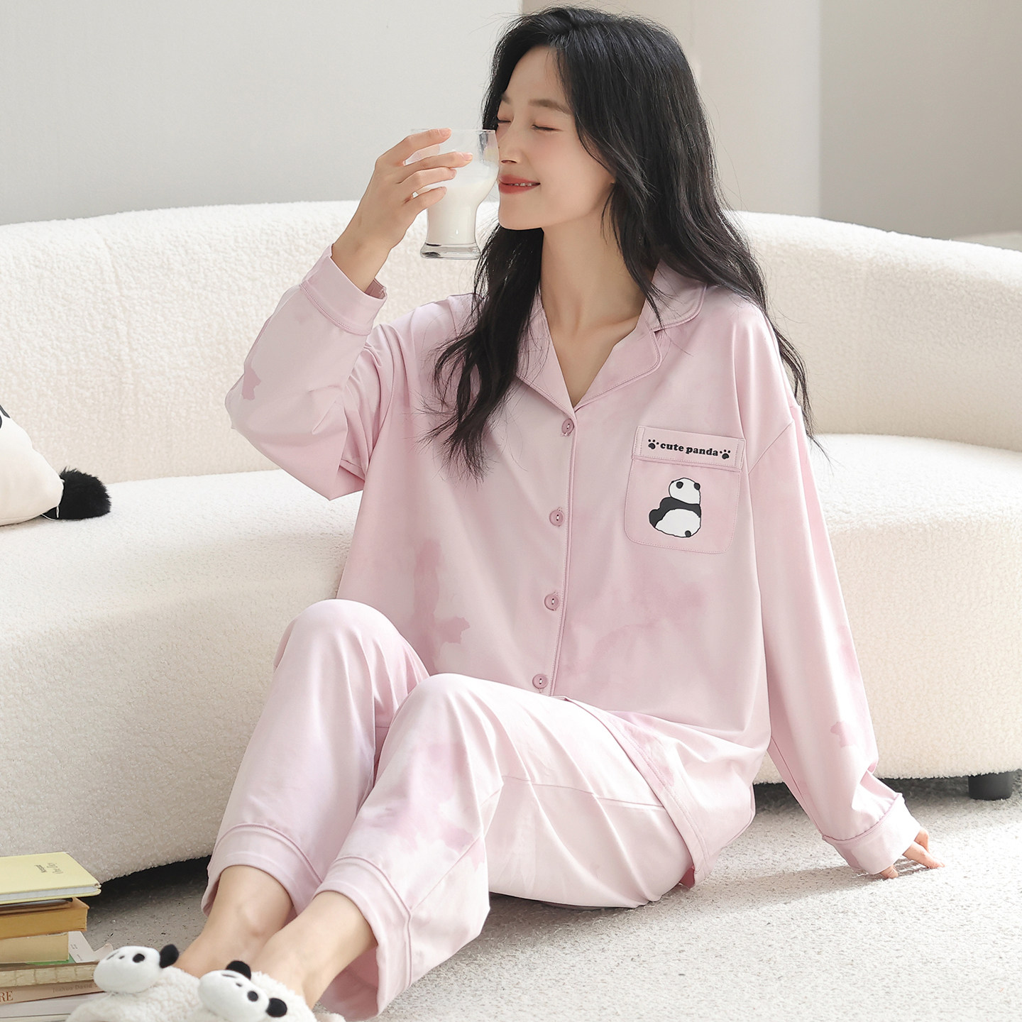 可人儿春秋季纯棉睡衣女士秋天长袖长裤可爱风开衫翻领家居服套装