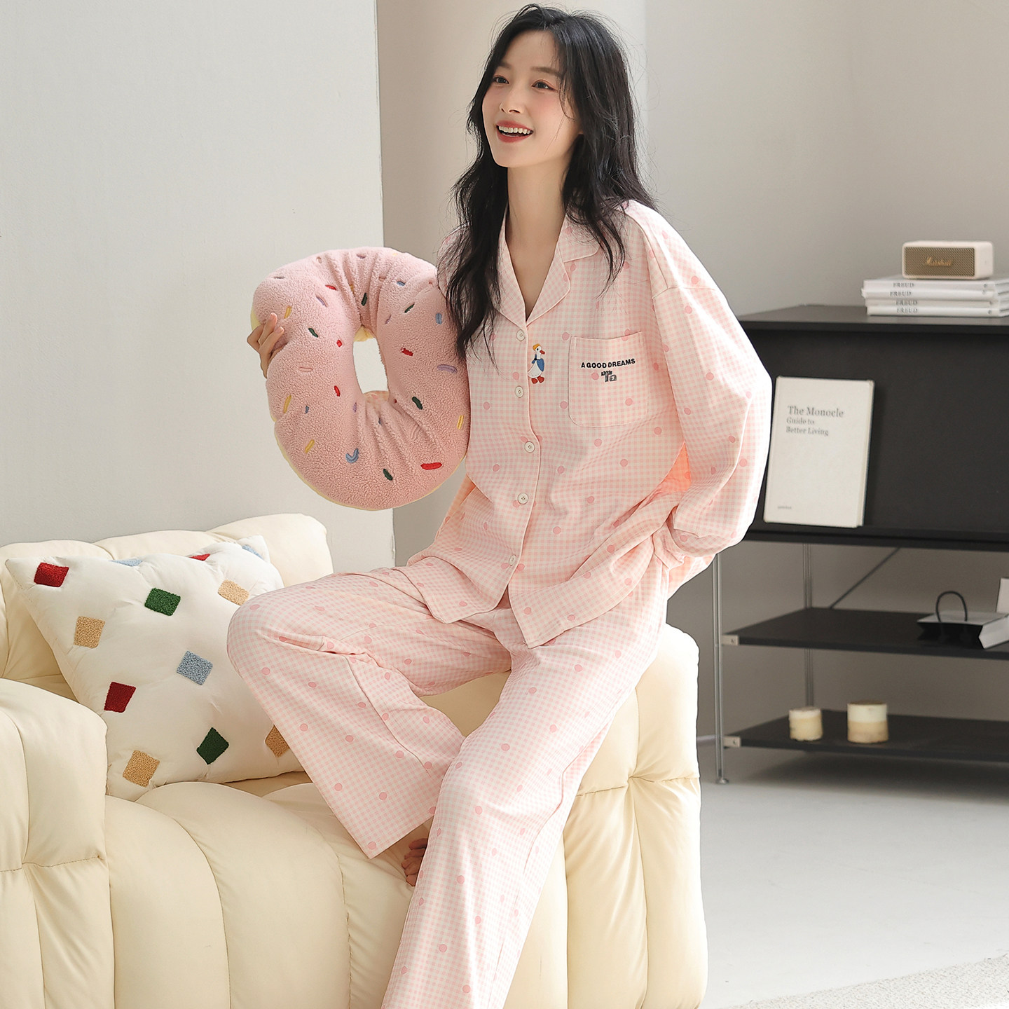 可人儿春秋季纯棉睡衣女士秋天长袖长裤可爱风开衫翻领家居服套装