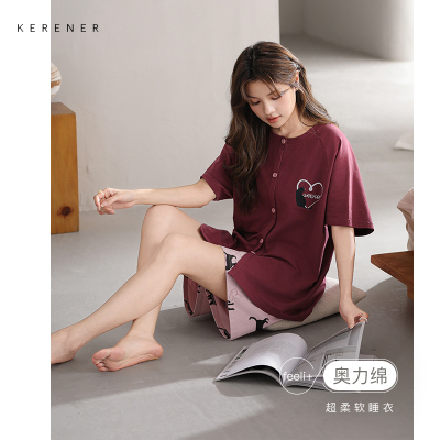 可人儿小众设计师新款奥力绵女睡衣夏季短袖时尚可外出家居服套装