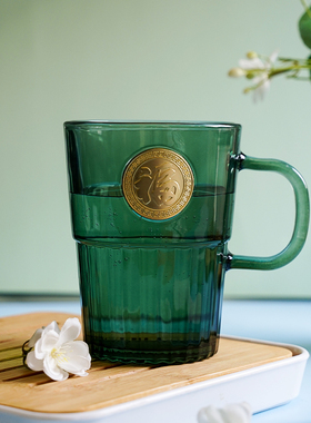 吴裕泰中古风福字玻璃杯祖母绿色杯