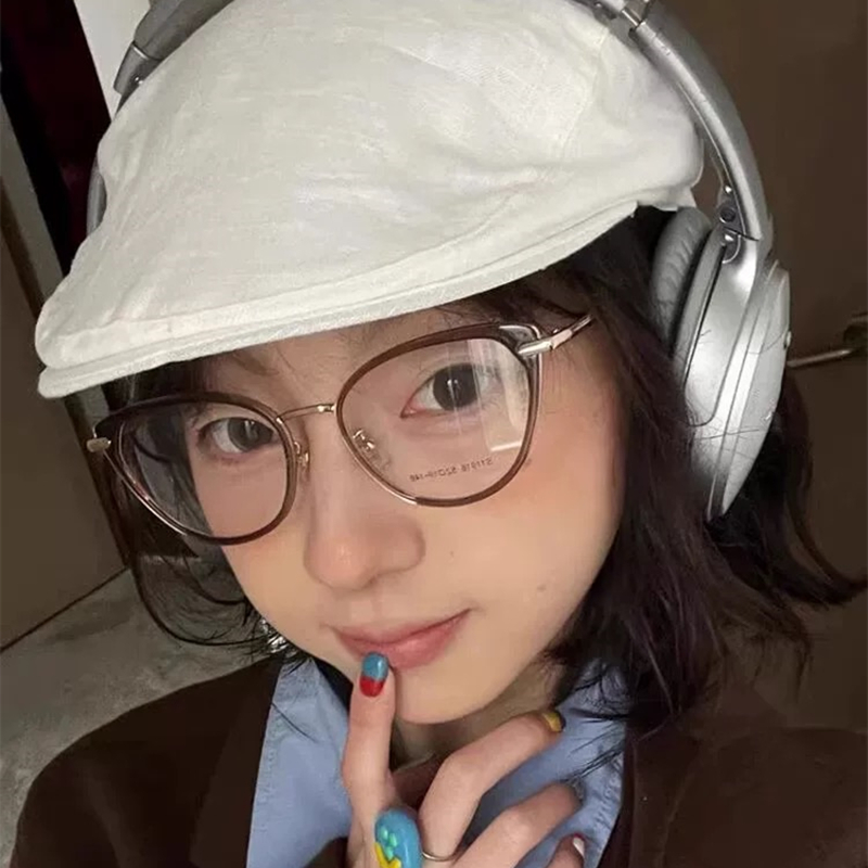 猫眼型眼镜近视女可配度数超轻大框咖啡色方圆脸显瘦金丝眼睛框架