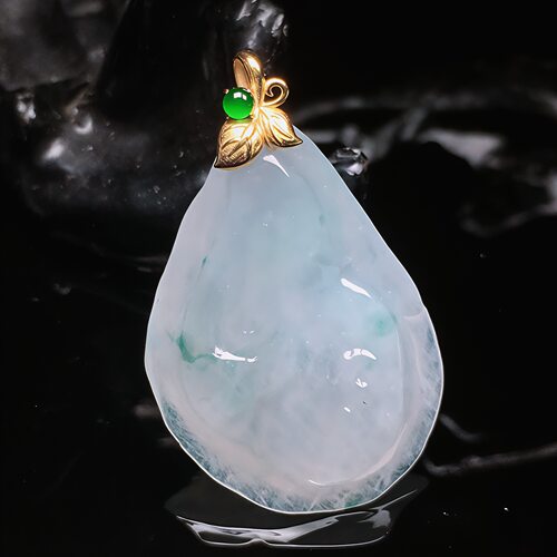 缅甸天然翡翠A货18k金镶嵌冰种飘花原石随形吊坠