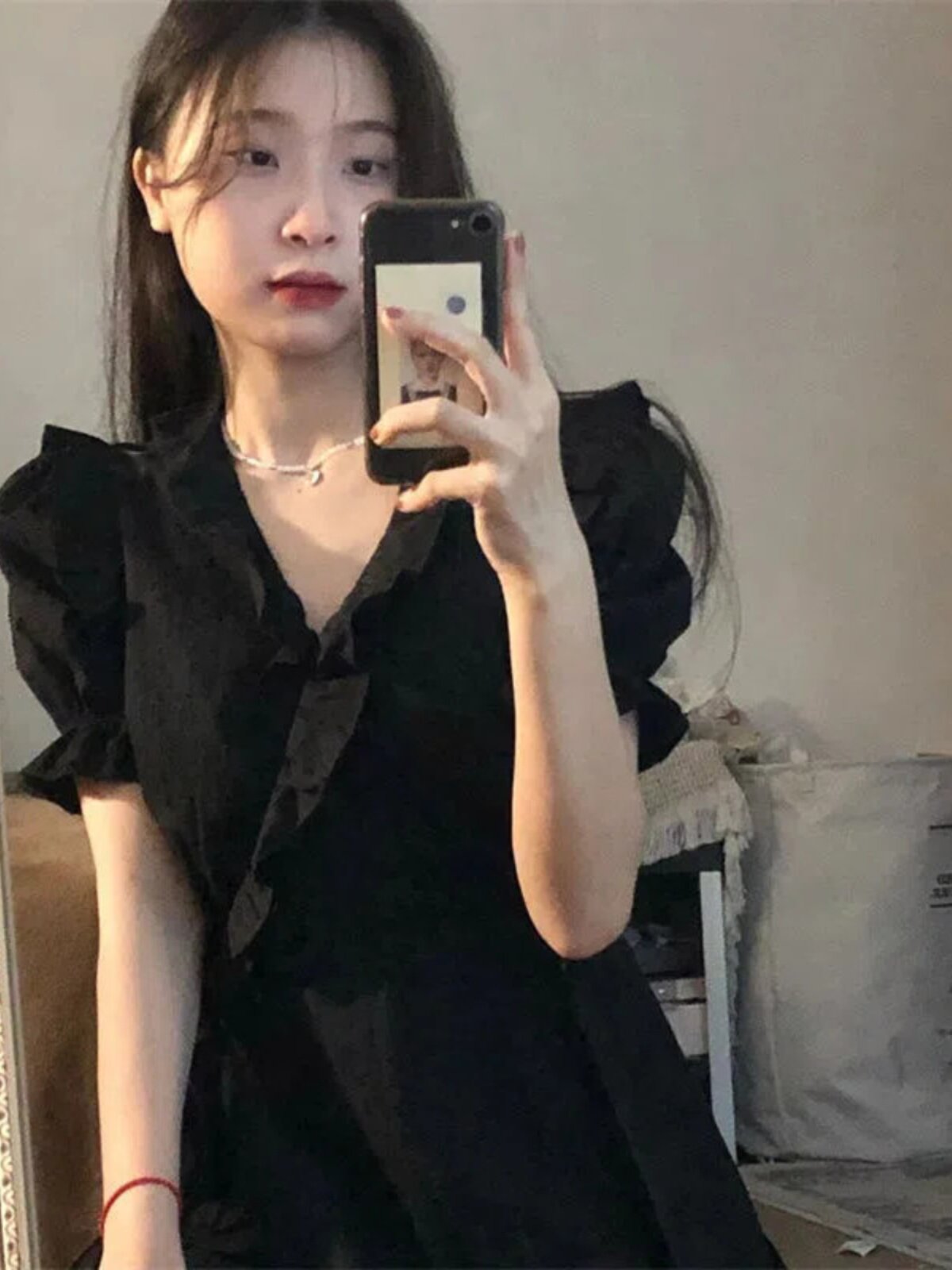 한국 스타일 복고풍 기질 작은 검은색 드레스 곰팡이 가장자리 인형 칼라 허리 슬리밍 드레스 여학생 여름 에이라인 스커트