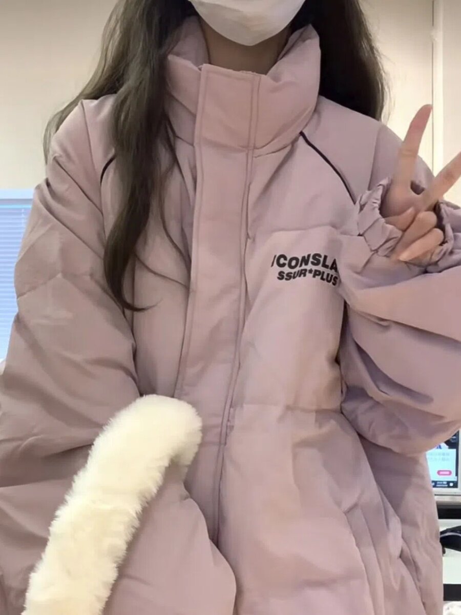대학 스타일 핑크 따뜻한 편지 인쇄 스탠드 칼라 빵 코트 코튼 코트 여성 겨울 INS 두꺼운 코튼 코트 유행
