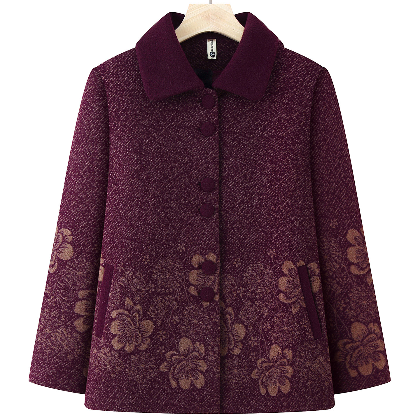 中老年人女装加绒加厚毛呢外套翻领妈妈装女装秋冬呢子上衣奶奶装