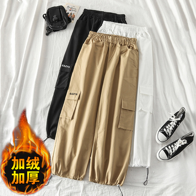 加绒加厚裤子女bf宽松秋冬季显瘦小个子百搭九分工装裤女学生裤