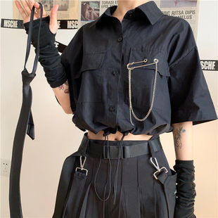 衬衫 上衣潮 女设计感小众2023新款 ins抽绳嘻哈港味多口袋高腰短款