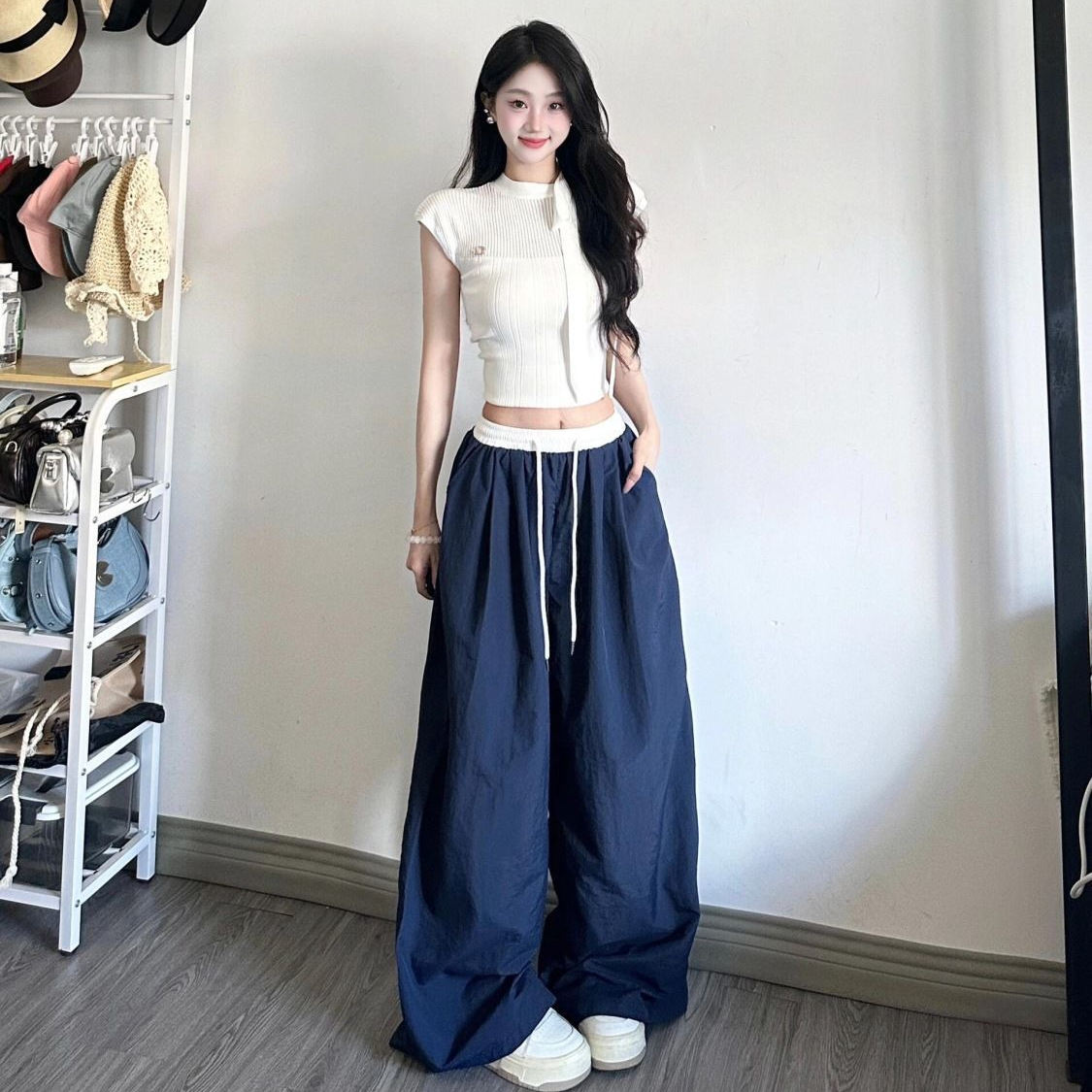 蓝色阔腿裤女夏季薄款2024新款宽松休闲肌理感撞色冰丝速干运动裤