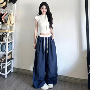 宽松休闲肌理感撞色冰丝速干运动裤 蓝色阔腿裤 2024新款 女夏季 薄款