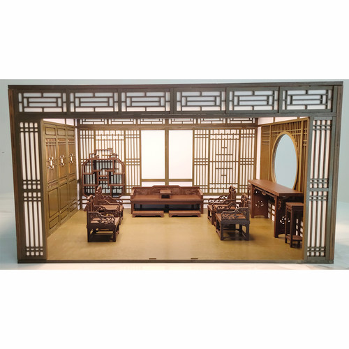 ob11/12分古风堂屋娃屋场景 微缩家具 罗汉床 博古架 长条案