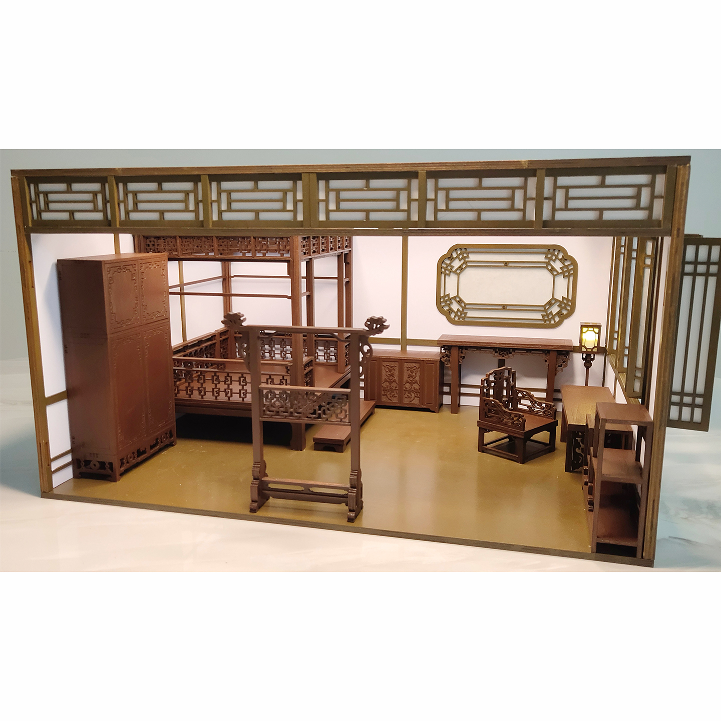 ob11/12分古风卧室娃屋场景 微缩家具 架子床 博古架 桌子 衣架