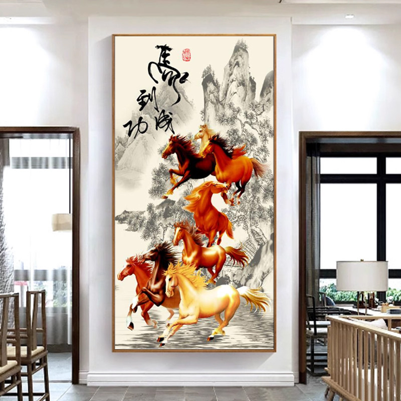 八骏图客厅挂画马到成功玄关入户装饰画高端骏马图客厅办公室壁画