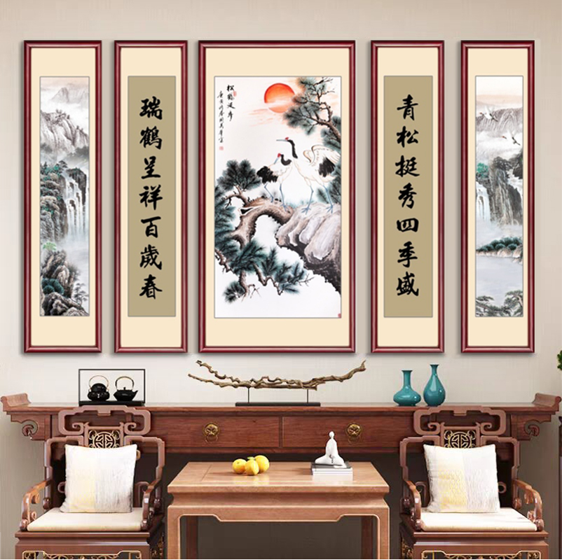 迎客松农村大别墅中堂画五联字画山水画高端挂画大气靠山图壁画