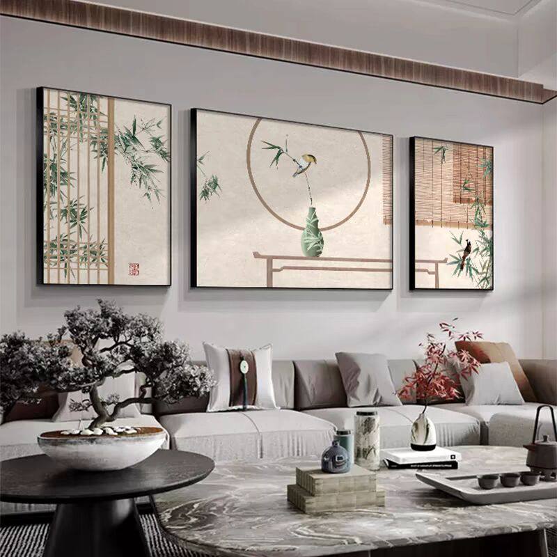 新中式竹子客厅挂画肌理感沙发背景墙装饰画现代简约花鸟三联壁画