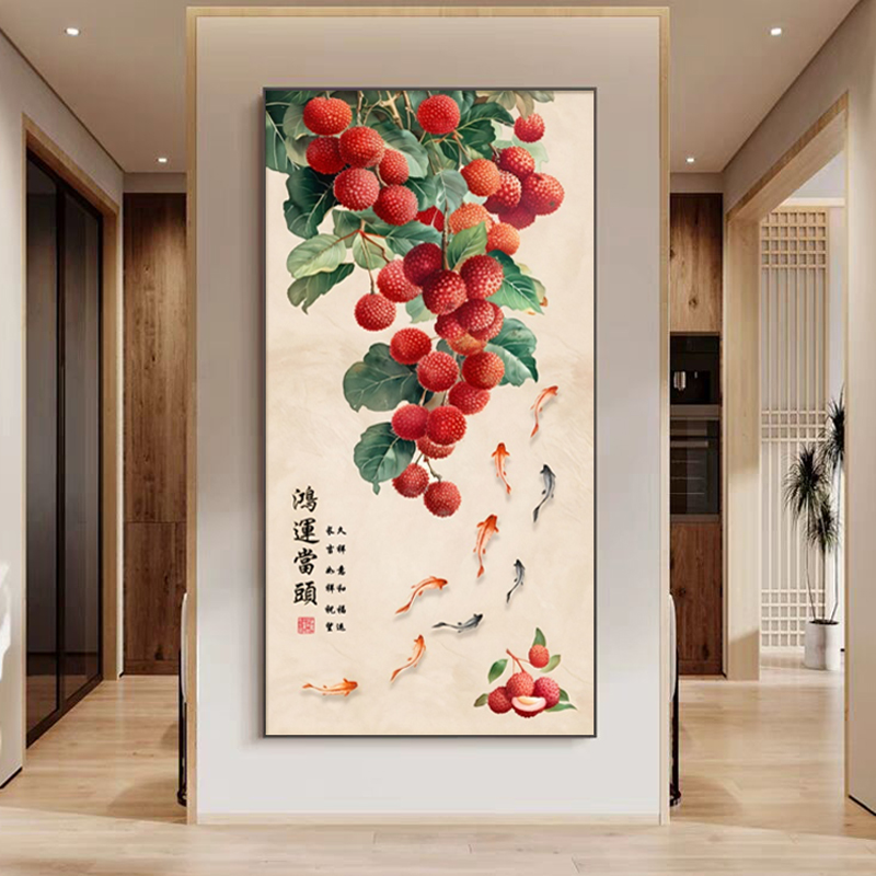 新中式玄关装饰画九鱼聚财图入户正对门挂画别墅走廊过道竖版壁画图片