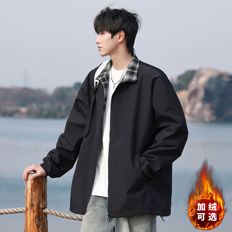 2025新款宽松百搭休闲男翻领夹克秋冬季撞色潮牌美式格子棉衣外套